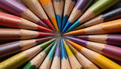 Colorful Arrangement of Sharpened Colored Pencils in a Circular Formation Highlighting Vibrant Hues