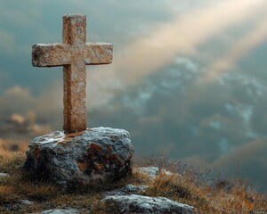 A weathered stone cross stands atop a rocky hill bathed in ethereal sunbeams breaking through mist over distant mountains at dawn