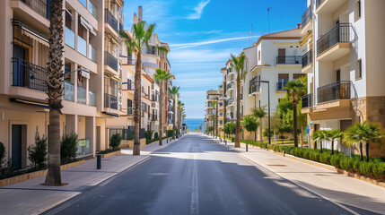 Generic stock image of a residential urban street with apartment buildings, balconies, asphalt road and sidewalks, created for real estate and housing use in southern Europe. Not a specific location.
