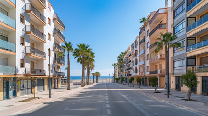 Generic stock image of a residential urban street with apartment buildings, balconies, asphalt road and sidewalks, created for real estate and housing use in southern Europe. Not a specific location.
