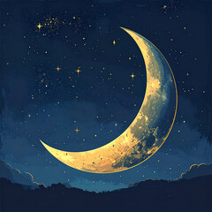 Naklejka premium A luminous crescent moon shining brightly in the night sky, surrounded by stars and clouds