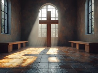 Divine sunbeams pierce an arched window illuminating a wooden cross in a serene minimalist chapel interior