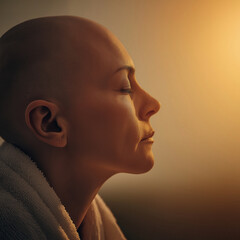 Bald individual in peaceful contemplation during golden hour reflections