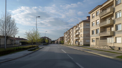 Obraz premium Generic stock image of a residential urban street with apartment buildings, balconies, asphalt road and sidewalks, created for real estate and housing use in southern Europe. Not a specific location. 