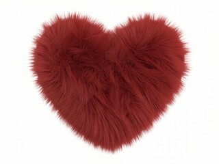 A fluffy, deep red heart-shaped object is isolated against a clean white background. 