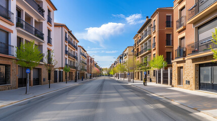 Fototapeta premium Generic stock image of a residential urban street with apartment buildings, balconies, asphalt road and sidewalks, created for real estate and housing use in southern Europe. Not a specific location. 