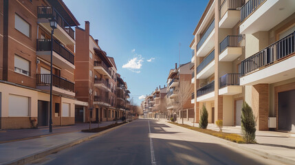 Generic stock image of a residential urban street with apartment buildings, balconies, asphalt road and sidewalks, created for real estate and housing use in southern Europe. Not a specific location.
