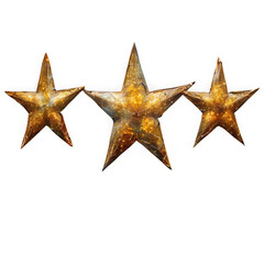 Three rusty metal star isolated on transparent background decorative element for holiday design vintage style decoration for christmas and new year
