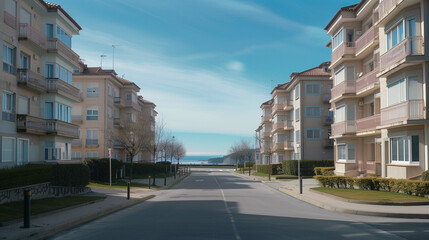 Fototapeta premium Generic stock image of a residential urban street with apartment buildings, balconies, asphalt road and sidewalks, created for real estate and housing use in southern Europe. Not a specific location. 