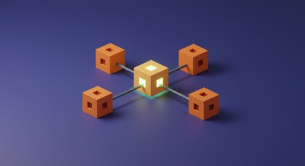 Abstract 3D rendering of interconnected orange cubes with a glowing central block on a purple background.