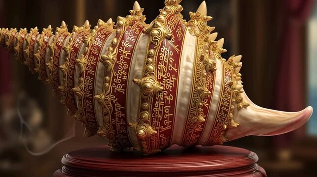 Ornate Golden Shankha Conch Shell on Pedestal