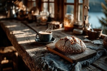 Peaceful morning scene with sunlight, coffee, and bread on rustic wooden table
