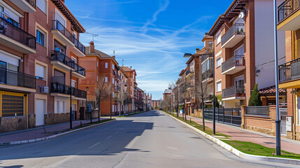 Obraz premium Generic stock image of a residential urban street with apartment buildings, balconies, asphalt road and sidewalks, created for real estate and housing use in southern Europe. Not a specific location. 