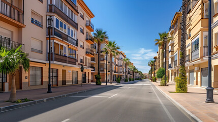 Generic stock image of a residential urban street with apartment buildings, balconies, asphalt road and sidewalks, created for real estate and housing use in southern Europe. Not a specific location.
