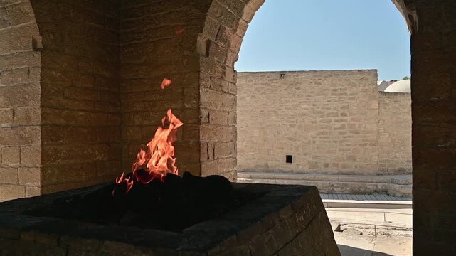 View of the flame in Atashgah Zoroastrian fire temple in Baku, Azerbaijan