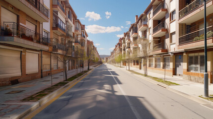 Fototapeta premium Generic stock image of a residential urban street with apartment buildings, balconies, asphalt road and sidewalks, created for real estate and housing use in southern Europe. Not a specific location. 