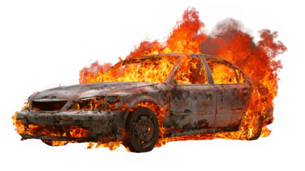 A car is engulfed in flames, with smoke billowing around it, isolated on transparent background the vehicle is heavily damaged and appears to be a total loss