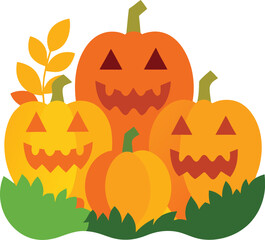 Four Halloween Pumpkins with Smiling Faces in a Patch of Green Grass