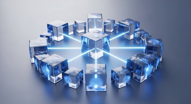 Fototapeta Abstract blue glass cubes connected by glowing lines representing network data blockchain technology