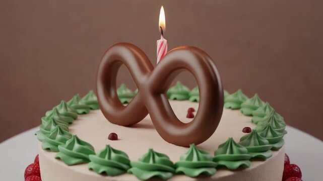 Realistic birthday cake with chocolate infinity sign, green cream border and burning candle. Loop animation with soft light and bokeh. Perfect for celebrations and party visuals.