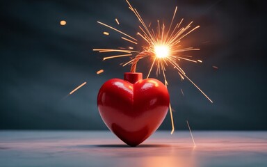 A stylized heart-shaped bomb with a lit fuse sparks brightly in a dark setting. 