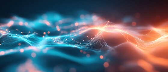 Abstract waves of blue and orange light create a vibrant digital landscape, showcasing intricate patterns and connections.