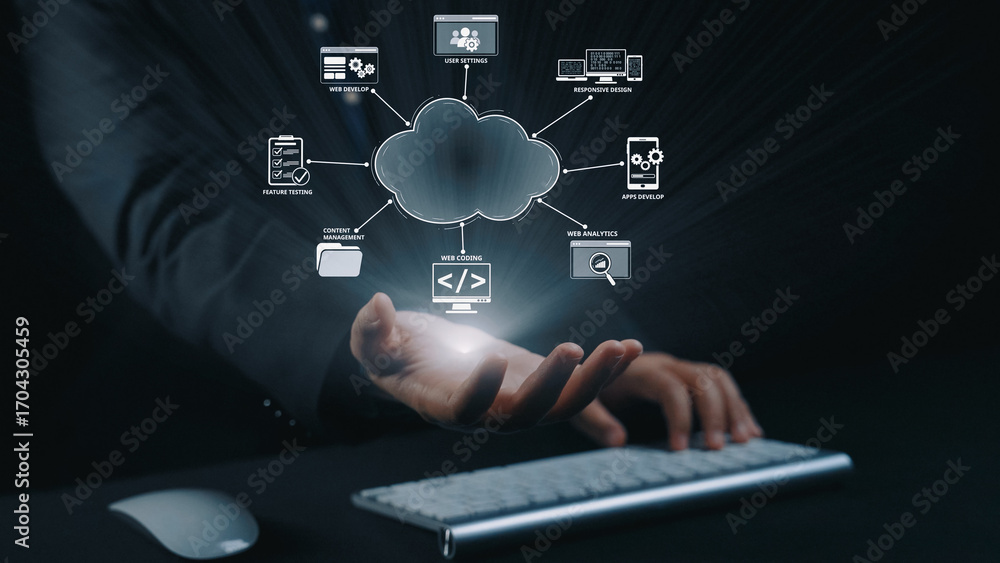 Poster cloud computing, cloud strategy, and cloud technology transforming digital infrastructure with scala