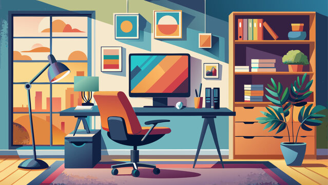 Contemporary home office with matte finishes, corner desk, adjustable task chair, and framed abstract artwork, balancing professionalism and creative energy.