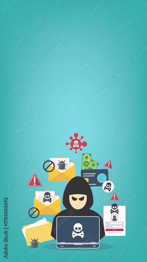 Poster hacker with laptop computer stealing confidential data, personal information and credit card detail.