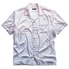 Shiny pink satin short-sleeve pajama shirt with contrast piping and wrinkles.