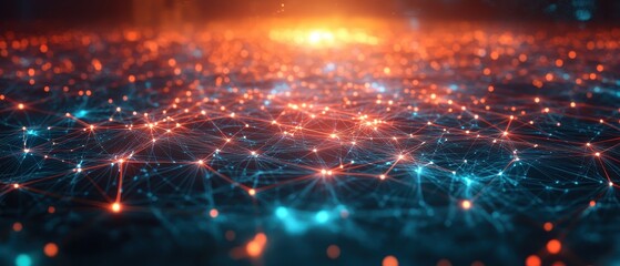 A vibrant and dynamic digital network visualization featuring interconnected nodes in blue and red, symbolizing technology and data flow.