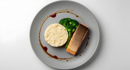 High-Key Grilled Salmon Fillet on Grey Plate with Linen. Clean and Fresh Macro Shot.
