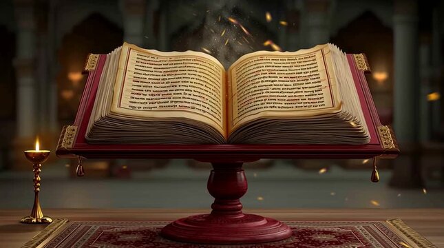 Sacred Hindu Scripture Book Glowing with Magic Light