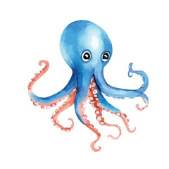 Watercolor Style Blue Octopus with Curled Pink Tentacles and Wide Eyes