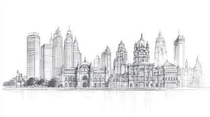 City skyline line art architectural sketch