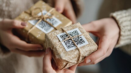 Obraz premium Digital QR codes on Christmas gifts create a unique way to celebrate the holidays with love and joy