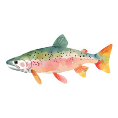 Watercolor Trout with Speckled Body and Vibrant Orange Tail Fin