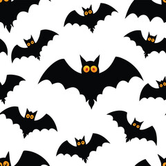 Seamless Pattern of Black Bats with Orange Eyes for Halloween Background