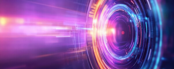 A vibrant, abstract image featuring a circular lens surrounded by colorful light trails and a futuristic glow.