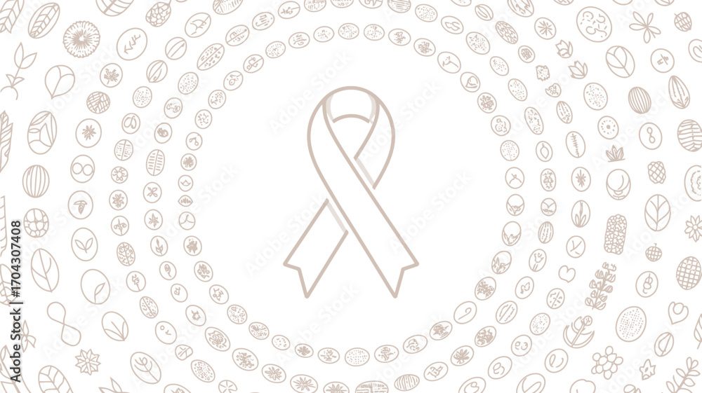 Poster ribbon symbol surrounded by circular pattern of botanical sketches on a white background design art
