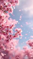 A captivating closeup of cherry blossoms in full bloom, their delicate pink petals creating a mesmerizing display against a soft blue sky, evoking a sense of serenity and renewal