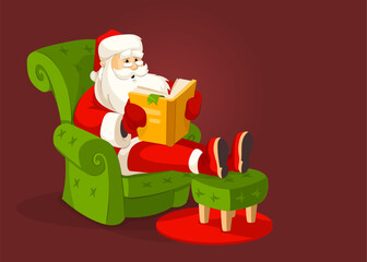 Santa Claus Christmas holiday character sitting in the comfy green armchair and reading a book. Hand-drawn cartoon old man relaxing. Vector illustration.