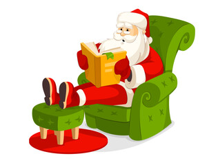 Santa Claus Christmas holiday character sitting in the comfy green armchair and reading a book. Hand-drawn cartoon old man relaxing. Isolated on white background. Vector illustration.