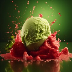 Refreshing Pistachio Ice Cream with Strawberry Splash