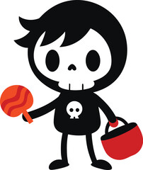 Cute Cartoon Character Dressed as a Skeleton for Halloween with Candy