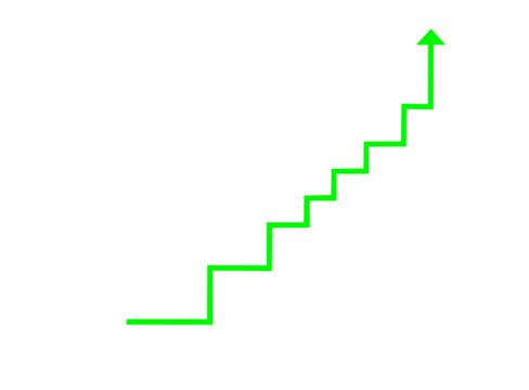 Green staircase arrow pointing upwards, isolated on transparent background