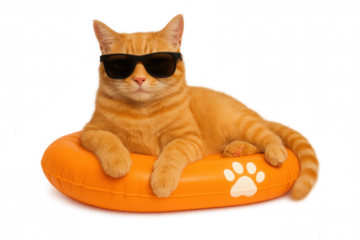 Cool ginger cat wearing sunglasses, relaxing on bright orange inflatable float with laid-back summer vibe