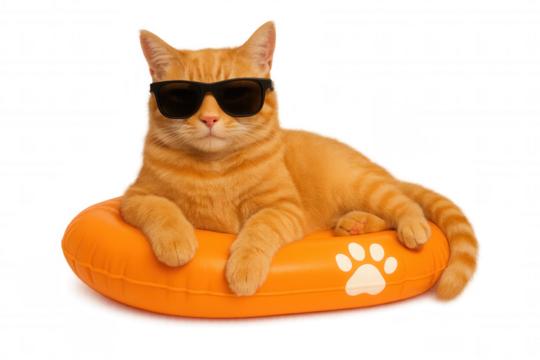 Cool ginger cat wearing sunglasses, relaxing on bright orange inflatable float with laid-back summer vibe
