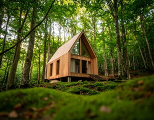 Modern cabin nestled in a lush forest