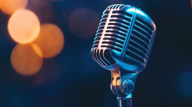 Vintage microphone with bokeh lights